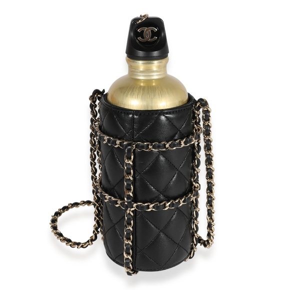 Chanel Handbags - Chanel Gold Metal Water Bottle & Black Quilted Lambskin Holder
